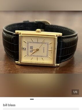 bill blass Gold-Tone Square Dress Watch with Black Strap